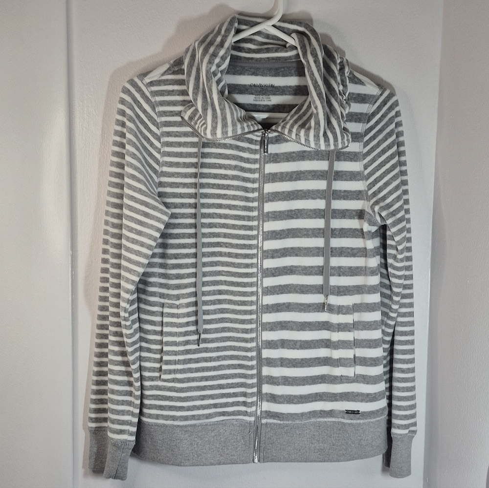 Calvin Klein Women’s Velour Full Zip Grey & White Jacket Size S
